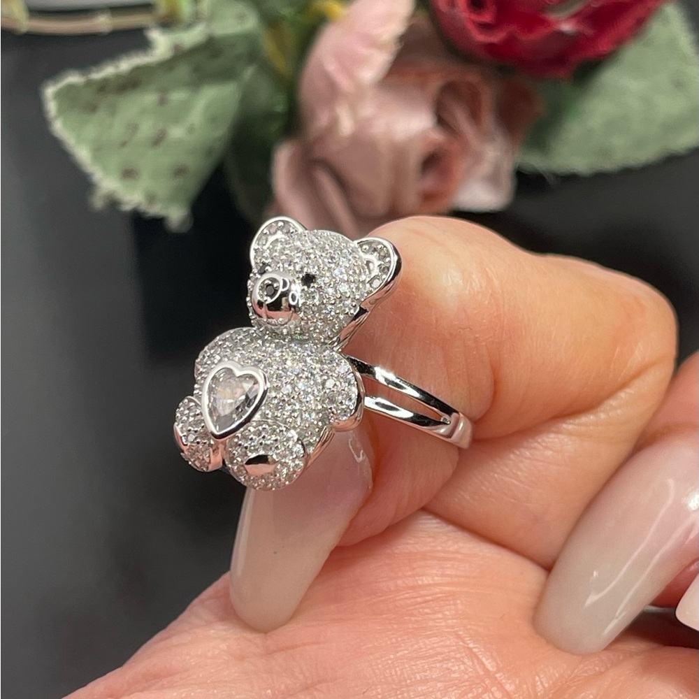 Solid 925 Silver Teddy Bear Ring Austrian Crystals - image 2